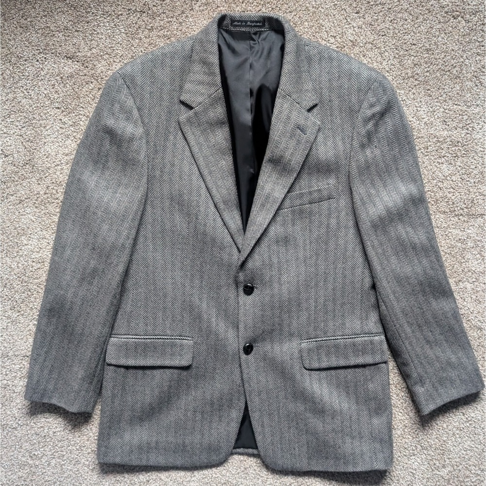 Savile Row Mens 40R Blazer Sports Coat Black Grey Wool Classic Old Money